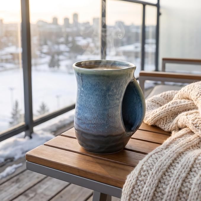 Hand Warmer Mug, Ceramic and Hand Painted - Contoured Pocket will Hold Warmth From The Heat Of Your Drink - Keep Your Fingers Warm, Comfy Handwarmer Gift, Winter Stocking Stuffer Gifts - Right Handed