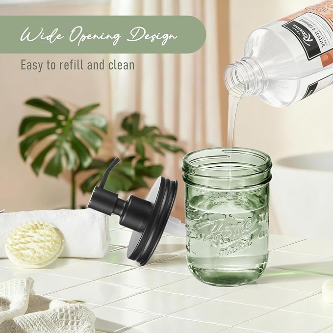 SheeChung 16Oz Mason Jar Green Glass Soap Dispenser, Stainless Steel Pump, Refillable Dish soap Dispenser for Kitchen, Bathroom Hand Soap Dispenser for Lotion, Liquid, Farmhouse Decor (Black, 1 Pack)