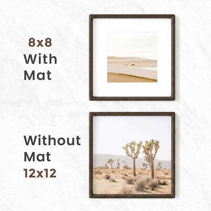Fun Memories 12x12 Frame, Natural Wenge Wood Photo Frames with HD Tempered Glass, Handcrafted Rounded Corner Square Wooden Frames Matted to 8x8 Photos, 12x12 Picture Frame, Tabletop or Wall Display