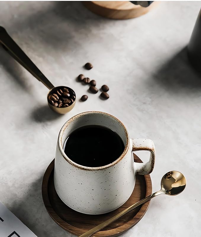 Ceramic Coffee and Tea Cup with Natural Acacia Wood Saucer (8 Oz), Best for Latte, Cappuccino, Tea or Espresso. Unglazed Porcelain Arty Mug (Warm white)