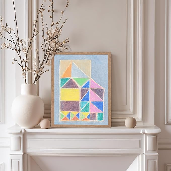 Monem Art Colorful Abstract House Painting Print - Bright Geometric Modern Art Poster - Wall Decor for Living Room, Bedroom or Office - 12x16 Beige Framed Wall Art by Renee Stramel