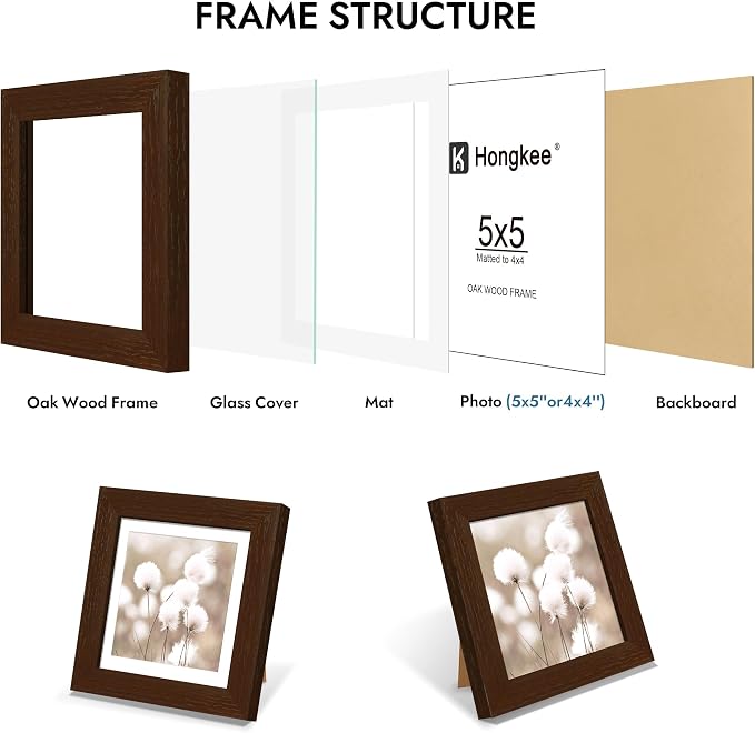 Hongkee 5x5 Oak Wood Picture Frame 1 Pack(Matted 4x4) with Real Glass Cover | Walnut, 5 x 5 Solid Wood Frame for Wall or Tabletop Display - Includes Easel Back, Vertical Hang - Ideal for Home, Office