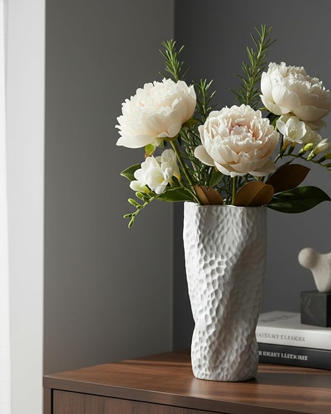 White Matte Ceramic Vase, 9.9 Inch Organic Nature Trunk Shape, OOSTONEE Modern Wabi Sabi Unique Flower Vase for Home, Living Room, Bedroom, Dining Table, Centerpiece Decor