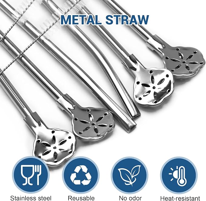 6.3'' Yerba Mate Straw, 6 Pcs Bombilla Metal Spoon Straws Stainless Steel Drinking Filter Straws, Reusable Bent Straw with Cleaning Brush, Removable Straw Spoon for Tea Cocktail coffee(Silver)