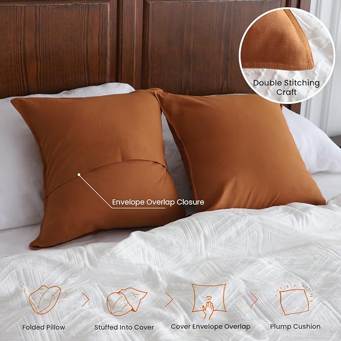Simple&Opulence Linen Throw Pillow Covers 18x18 Inch Set of 2 Flax Cotton Blend Solid Color Decorative Square Cushion Cover for Couch Sofa Office Soft Breathable Farmhouse - Rust