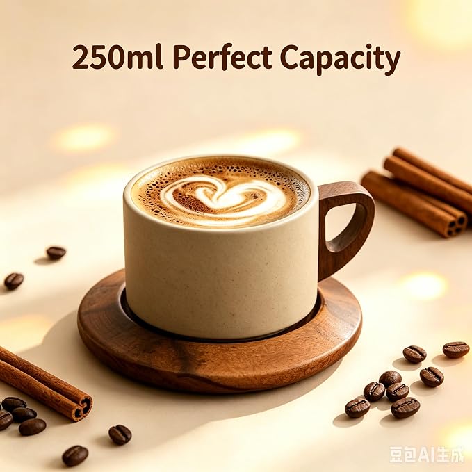 Rustic Matte Clay Coffee Mug with Hollow Walnut Wood Handle & Wooden Saucer, 250ml Handmade Rough Ceramic Latte Espresso Cup, 200g Single Cup Set, Japanese Vintage Drinkware for Home Office & Gift