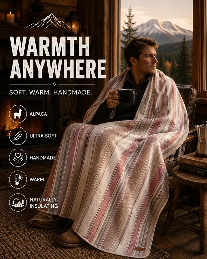 Alpaca Wool Throw Blanket, Rosé Stripes, 65"x48" | Ultra-Soft, Warm & Breathable, Hypoallergenic, Non-Itchy Alpaca Fabric, Lightweight for Couch, Bed & Travel