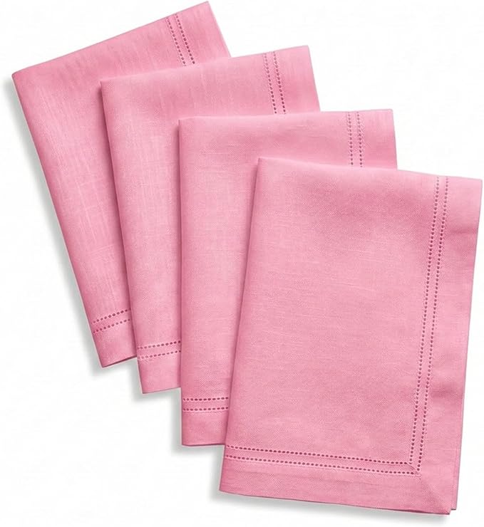 Solino Home Linen Cloth Napkins Set of 4-100% Pure Linen Pink Carnation Dinner Napkins 20 x 20 Inch - Maison Washed Hemstitch, Handcrafted and Machine Washable - Summer