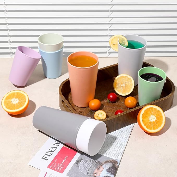 HEYCOME Set of 16 Wheat Straw Cups, 16 Pcs 20 oz Unbreakable Drinking Cups, Reusable Plastic Cups Sets, Water Glasses Tumblers, Microwave & Dishwasher Safe, Bpa Free, 4 Colors