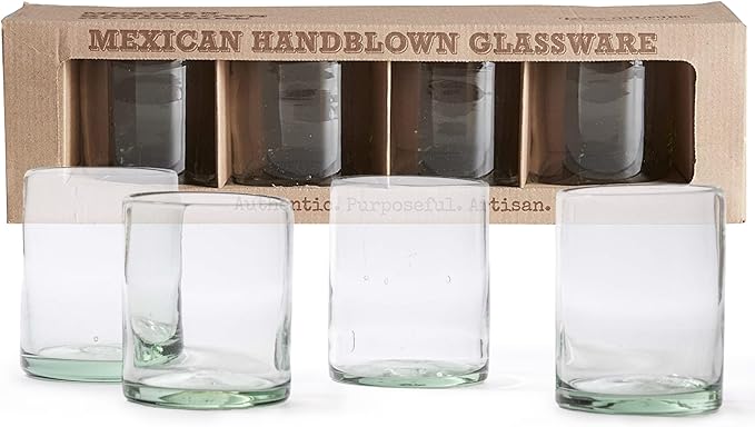 Verve CULTURE Mexican Highball Drinking Glasses, Unique Handblown Glassware, Glass Cups for Cocktails, Juice, Mixed Drinks, Elegant Tabletop Drinkware, Set of 4 (Clear, 13 oz)