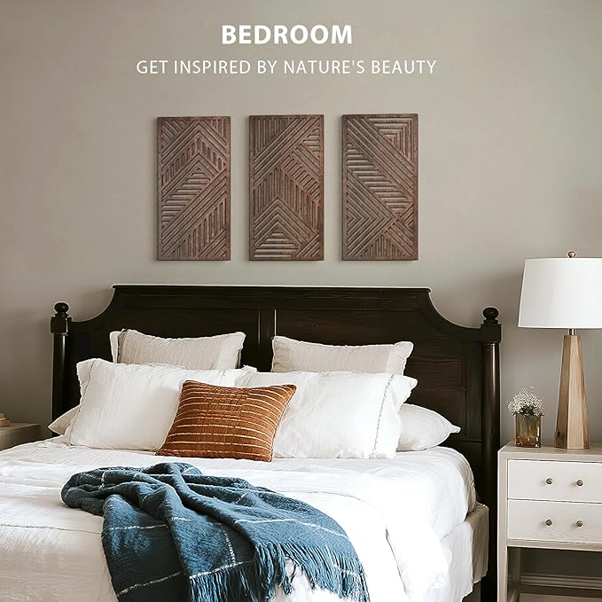 VIYYIEA Boho Solid Wood Carved Wall Art Set of 3, Geometric Minimalist Wooden Home Decor Panels, Handcrafted Solid Wood Wall Hanging for Living Room Bedroom Hallway, 16 x 8 Inch Each (Sunset Brown)