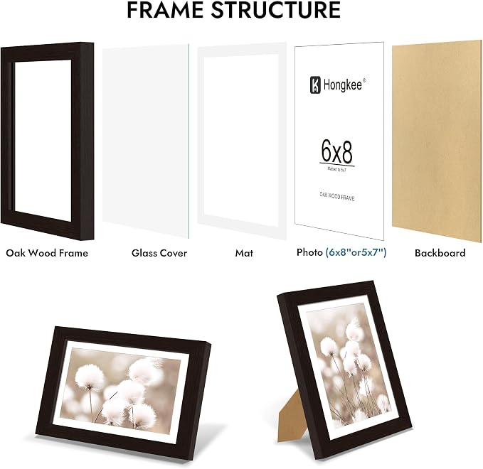 Hongkee 6x8 Oak Wood Picture Frame 1 Pack(Matted 5x7) with Real Glass Cover | Black, 6 x 8 Solid Wood Frame for Wall or Tabletop Display - Includes Easel Back, Vertical Hang - Ideal for Home, Office