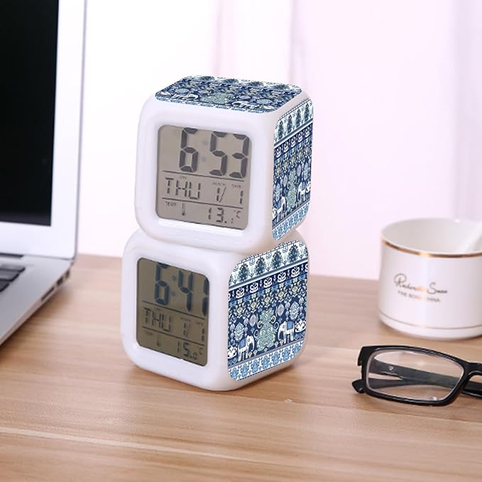 Digital Alarm Clock,Blue Elephants 7 Color Change LED Digital Alarm Clock with Date Thermometer for Toddlers,Girls and Boys