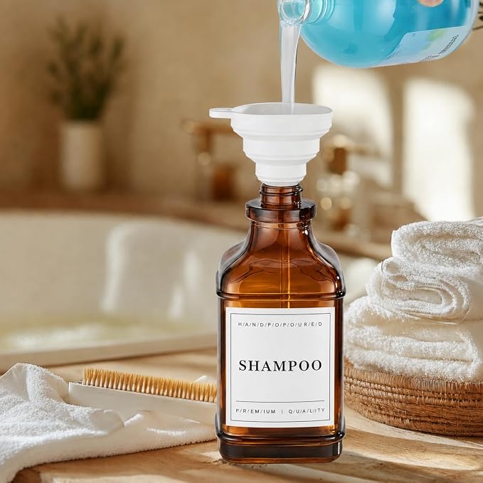 Glass Countertop Soap Dispenser Set: Modunful M1 DM2670 Amber 2 Pack 16.9oz | Anti-leak Stainless Steel Pump, Bamboo Tray, Silicone Funnel,60 Waterproof Residue Free Labels, Bathroom Decor