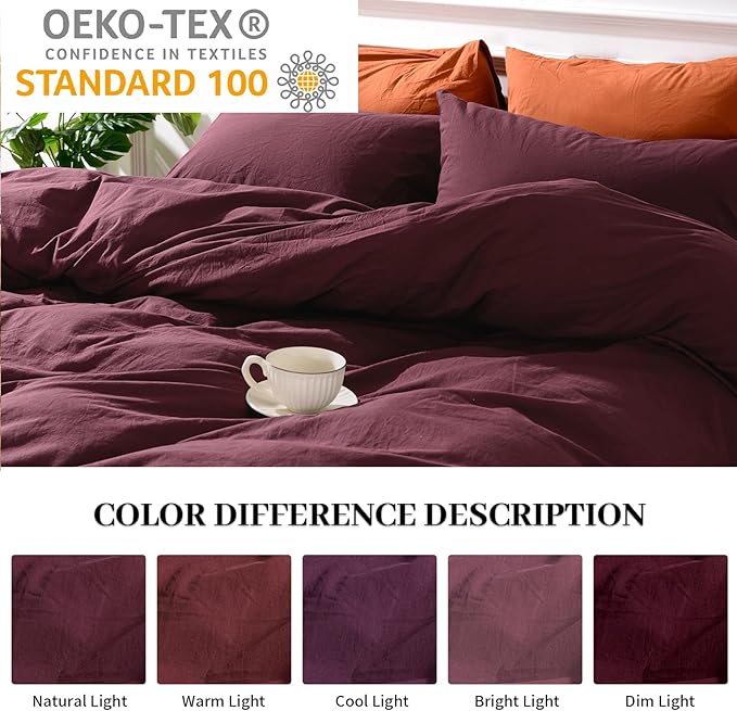 NEXHOME PRO Duvet Cover Set Queen Size Linen Look Textured 100% Washed Cotton Duvet Cover Burgundy Dark Red 3 Pieces Bedding Set with Zipper Closure,Breathable, Soft Organic Natural(No Comforter)