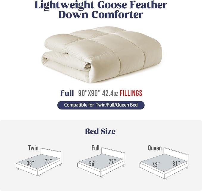 UNIKOME Goose Feather Down Fiber Comforter, Lightweight Duvet Insert Queen Size Bed Comforter with Soft Downproof Cover, Cloud-Like Fluffiness (Beige, 90"x90")