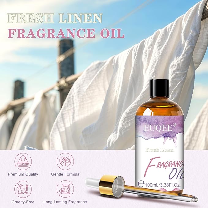 EUQEE Fresh Linen Fragrance Oil with Glass Dropper, 3.38 Fl oz/ 100ml Essential Oils for Diffuser, Candle Making, DIY Soap, Room Spray Making, Laundry Fragrance, Scented Dryer Balls