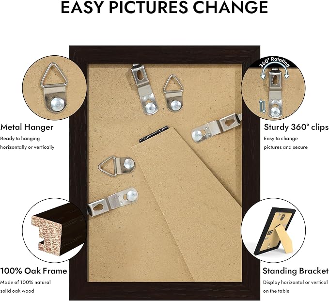 Hongkee 3.5x5 Oak Wood Picture Frame (1 Pack, Black) with Real Glass Cover | Solid Wood 3.5 x 5 Small Frame for Wall or Tabletop Display - Includes Easel Back, Vertical Hang - Ideal for Home, Office