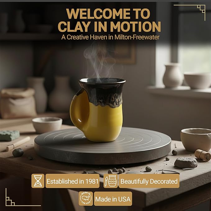 Clay in Motion Hand Warmer Coffee Mug – Handmade Coffee Mug With Comfortable Handle Contoured Pocket Hand Warming Ceramic Coffee Mug – Proudly Made in USA – Left Handed – 14 Oz - Yellow Black