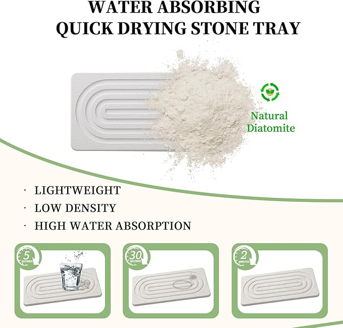 2 PCS Water Absorbing Diatomite Coasters, Stone Drying Mat for Kitchen Counter, Quick Dry Stone Mat Trays for Bathroom Kitchen Counter, Soap Dish Tray Used for Hand Soaps (White, 8.3" x 4")
