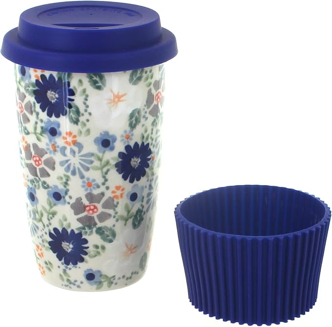 Blue Rose Polish Pottery - Gray Carnival Travel Coffee Mug - 12 oz - Mug for On-The-Go, Fits Most Car Cup Holders