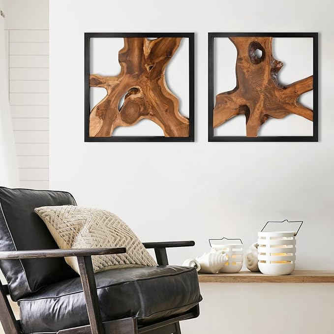 JOLLYMER 2 Pack Live Edge Teak Wood Wall Decor, Rustic Wooden Wall Art, Handcrafted Home Decoration for Living Room Bedroom Office, 17"x17" Black Frame