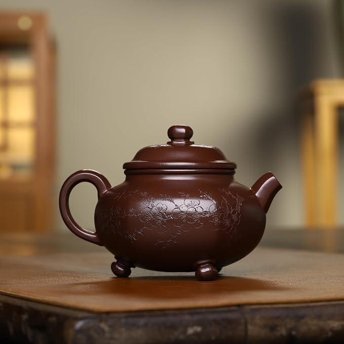 Zisha Teapot, Chinese Yixing Clay Handmade Tea Pot 11 Oz, Infuse Brew Kung Fu Loose Leaf Tea Maker (SanzuMeihua,Purple Clay)