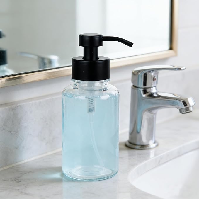 15 oz Amber-Tinted Thick Glass Foaming Soap Dispenser, Refillable Foaming Soap Dispenser with Black Rust-Proof Foam Pump, Suitable for Bathrooms and Kitchens (1, Clear)