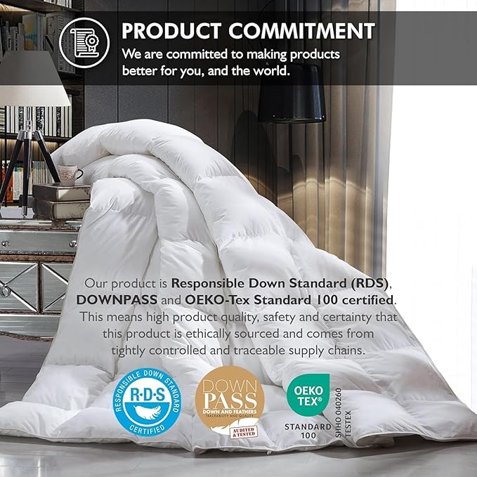 Luxurious Oversized California King Goose Down Comforter, 108 X 98 inches, Unique White Solid, 600 Thread Count, 100% Egyptian Cotton Cover, 80 Oz Fill Weight, 750 Fill Power