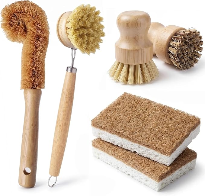 Natural Bamboo Dish Brush Set - 6 PCS Kitchen Cleaning Brush Kit with 4 Utensil Brushes and 2 Coconut Fiber Dish Sponges, for Cleaning Pots, Pans, Dishes, Bottles, Vegetables, and Fruits