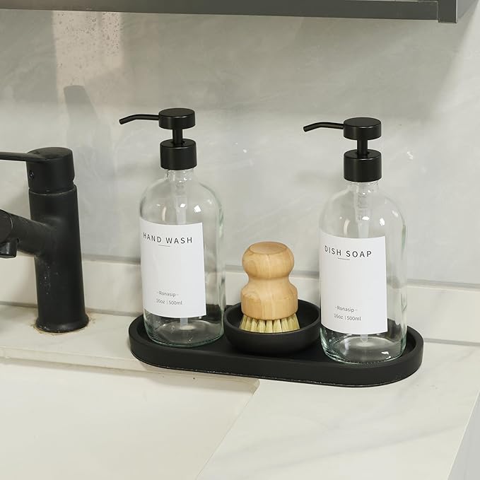 Ronasip Set of 5 Kitchen Soap Dispenser Set 16 Oz Glass Hand Dish Soap Dispenser with Stainless Steel Pump, Cement Tray, Dish Scrub Brush for Farmhouse Rustic Home Bathroom Decor (Transparency)