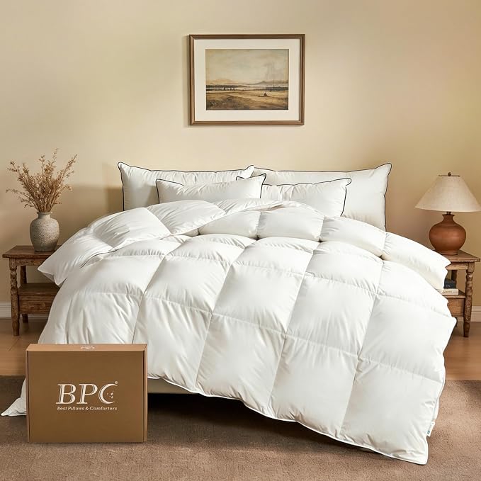 BPC Goose Feather Down Fiber Comforter Oversized King – 100% Organic Cotton Cover, 750 Fill Power Extra Fluffy All Season Duvet Insert, Medium Warmth (120"x98", White)