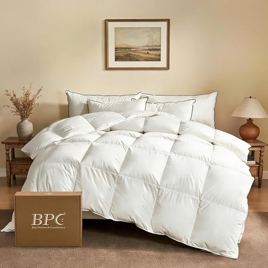 BPC Goose Feather Down Fiber Comforter Twin Size – 100% Organic Cotton Cover, 750 Fill Power Extra Fluffy All Season Duvet Insert, Medium Warmth (68"x90", White)