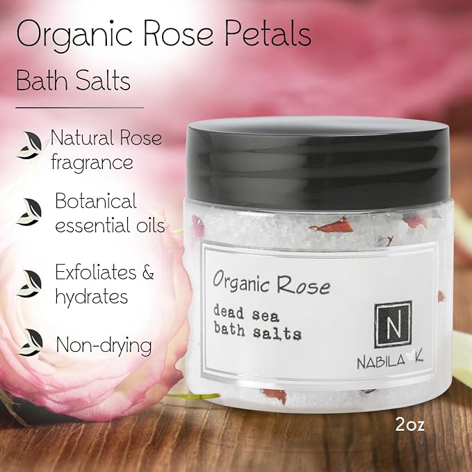 Organic Rose Bath Salts for Women & Men - Dead Sea Salt & Epsom Salt Soak and Scrub - Organic Rose Petals & Geranium Oil, Cruelty-Free, Sulfate-Free | Travel Size, 2 oz | Nabila K