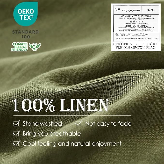 Simple&Opulence 100% Linen Duvet Cover Set 2pcs Basic Style Natural French Washed Flax Solid Color Soft Breathable Farmhouse Bedding with Button Closure - Olive Green, Twin