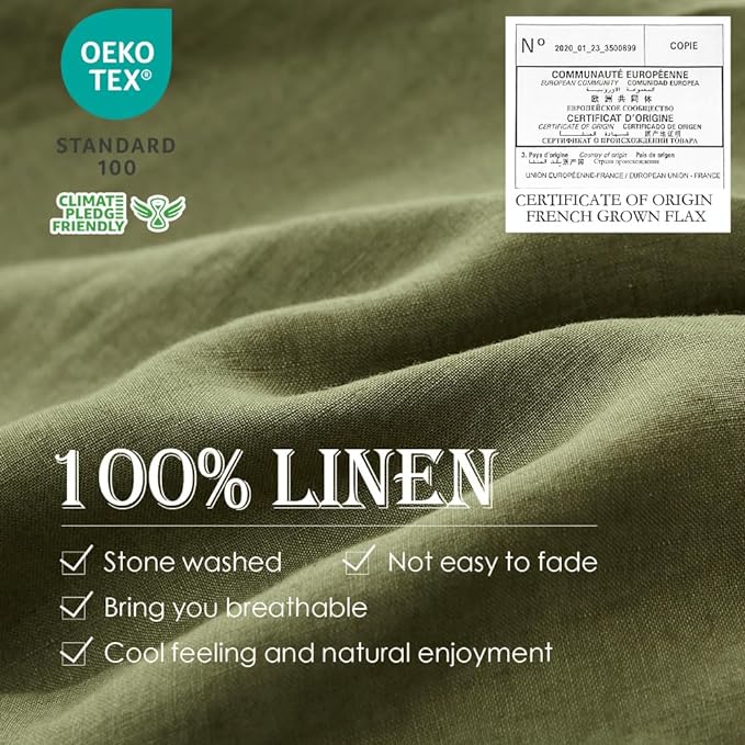 Simple&Opulence 100% Linen Duvet Cover Set 3pcs Basic Style Natural French Washed Flax Solid Color Soft Breathable Farmhouse Bedding with Button Closure - Olive Green, King