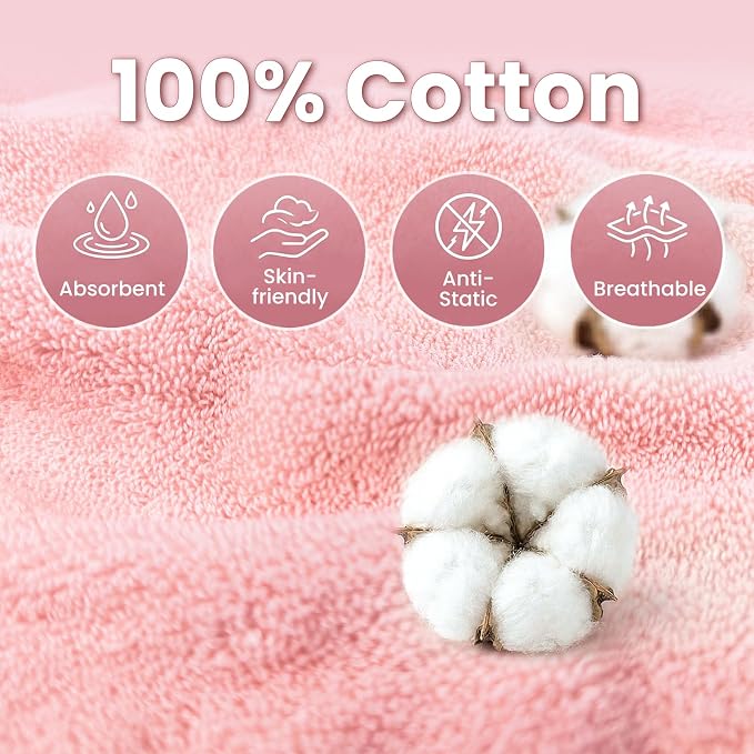 Mandydov 100% Cotton Hair Towel Wrap for Women, 2 Pack Thickened & Super Absorbent Turbans, Anti Frizz Quick Dry Hair Towels (White, Blush)