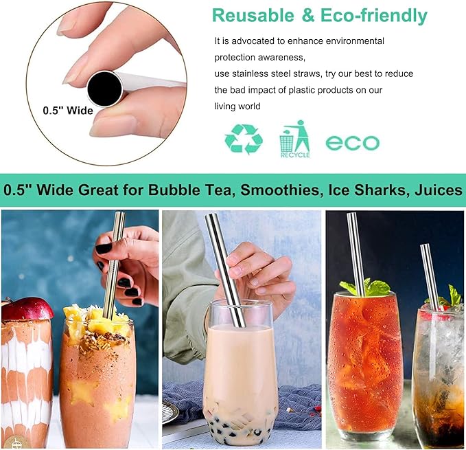 Vinaco Stainless Steel Smoothie Straws, 0.5'' Extra Wide Reusable Metal Drinking Straws for Milkshakes, Bubble Tea, Smoothie, Set of 6 Jumbo Drinks with 1 Cleaning Brush