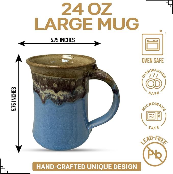 Clay in Motion Handmade Ceramic Mug 24 oz, Large Coffee Mug, Hand Painted Stoneware, Dishwasher Microwave & Oven Safe, Lead-Free, Made in USA Since 1981 (Sandy Beach)