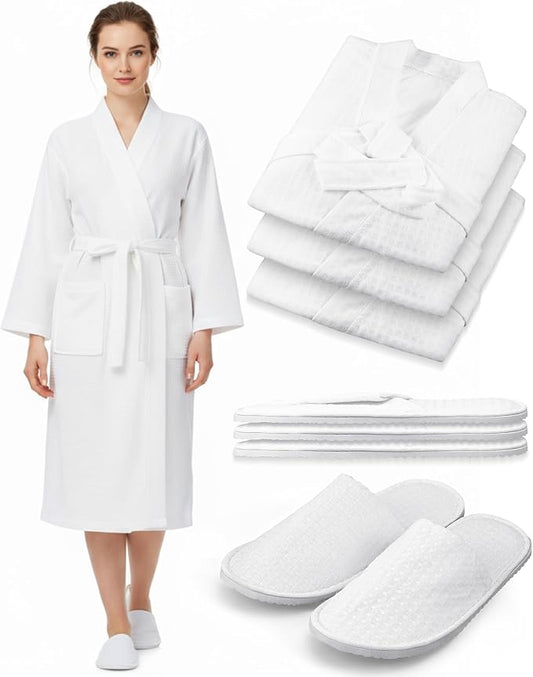 Jecery Waffle Bathrobe and Slippers Bulk Set Spa Robes Hotel Bath Lightweight Thin Commercial Soft for House Shower Party
