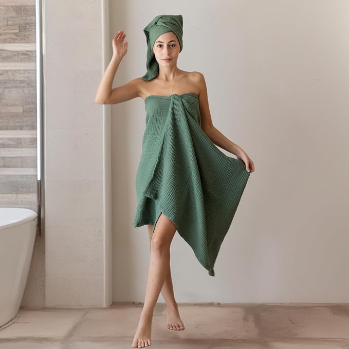 Ultra Soft Muslin Towel Adult Set, 100% Turkish Cotton 4-Layer 2 Pieces Luxury Muslin Hand & Bath Towels Sets for Bathroom (Green, 1 Bath & 1 Hand Towel Set)
