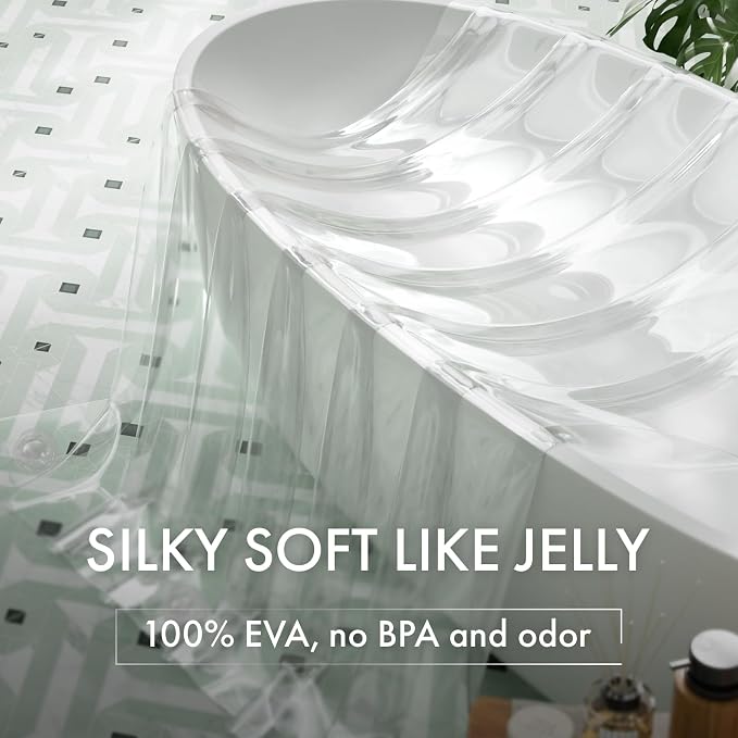 AmazerBath No Hook Shower Curtain and Liner 3-in-1, 100% EVA Luxury Soft Heavy Duty Clear Shower Liner, 72x75 Hookless Shower Curtain with 3 Heavyweight Stones