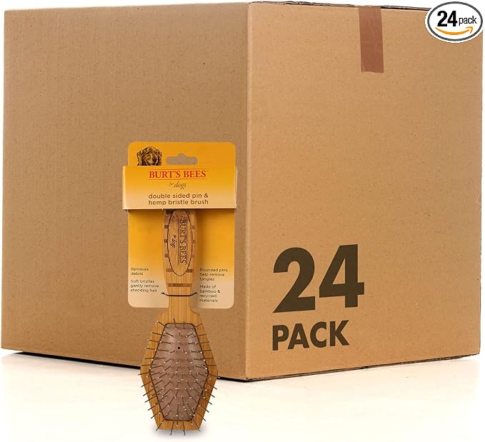 Burt's Bees for Pets Double Sided Pin and Hemp Bristle Dog Brush, Reduces Shedding, Removes Tangles and Loose Hair for All Coat Types, Sustainable Bamboo and Recycled Materials - 24 Pack