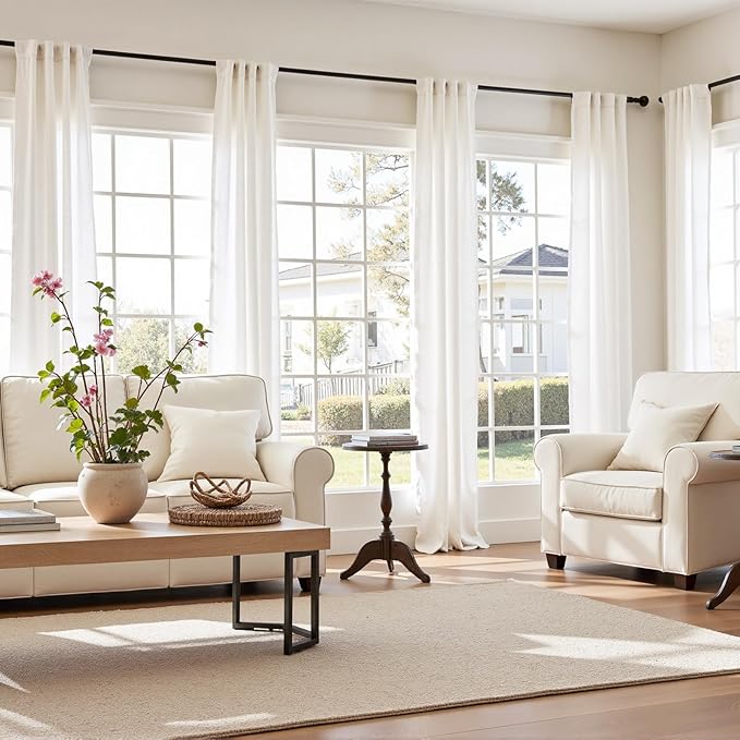 jinchan White Linen Curtains Semi Sheer Curtains 96 inch Length for Closet Door Small Window Living Room Bathroom Neutral Farmhouse Cottage Core Light Filtering Privacy Rod Pocket Back Tab 2 Panels
