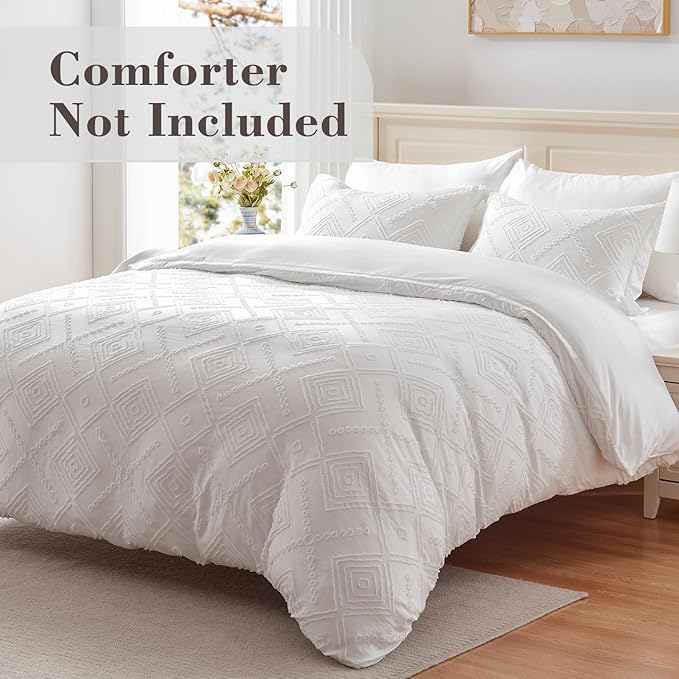 EMME White Boho Duvet Cover Twin, 2 Pieces Tufted Comforter Cover Set, Boho Embroidery Bedding Sets for All Seasons, 1 Duvet Cover + 1 Pillowcase (White, Twin)