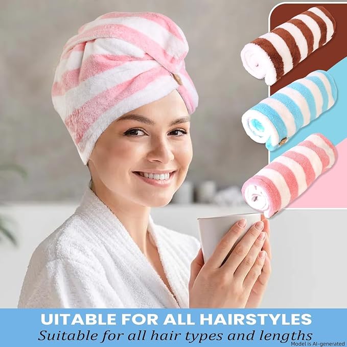 3 Pack Microfiber Hair Towel Wrap for Women, Fast Drying Hair Turban with Button, Anti-Frizz Large Hair Towel for All Hair Styles, Soft & Absorbent Hair Drying Towel