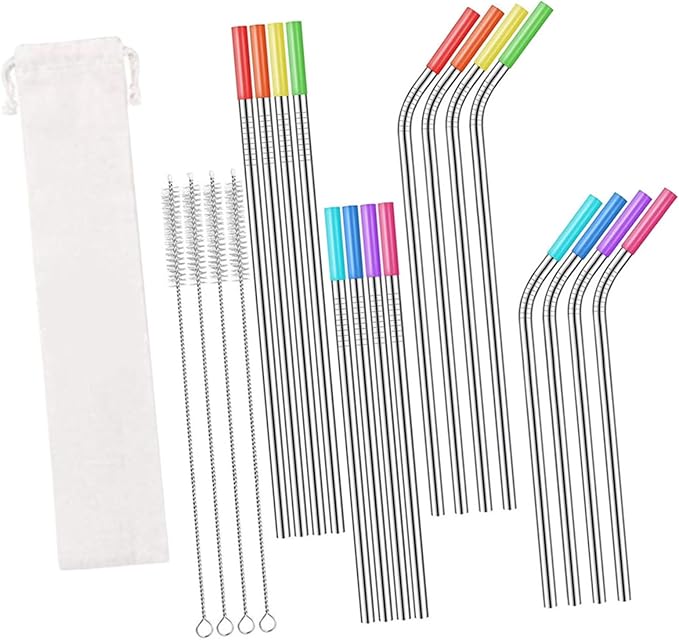 VANZACK 37pcs Stainless Steel Reusable Drinking Straws Set with Cleaning Brushes and Protective Bag, Sturdy Metal Beverage Straws for Party Drinks and Smoothies