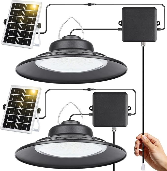 ropelux Solar Powered Shed Light Indoor Outdoor, 2000LM Daytime Available Pendant Light with Pull String, 2 Lighting Modes Solar Lights, IP65 Waterproof for Barn, Gazebo, Shop, Garage, Home (2Pack)