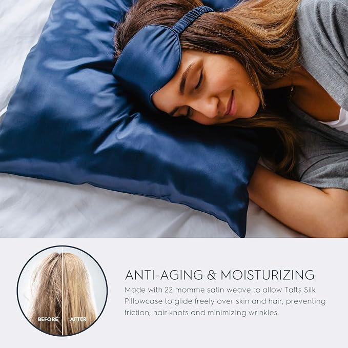 TAFTS 22mm 100% Pure Mulberry 6A Silk Pillowcase for Hair & Skin with Envelope Closure, No Zipper, Cooling, Natural, Organic, Double Sided Pillow Case (Navy, King 20"x36", 22 Momme 1pc)