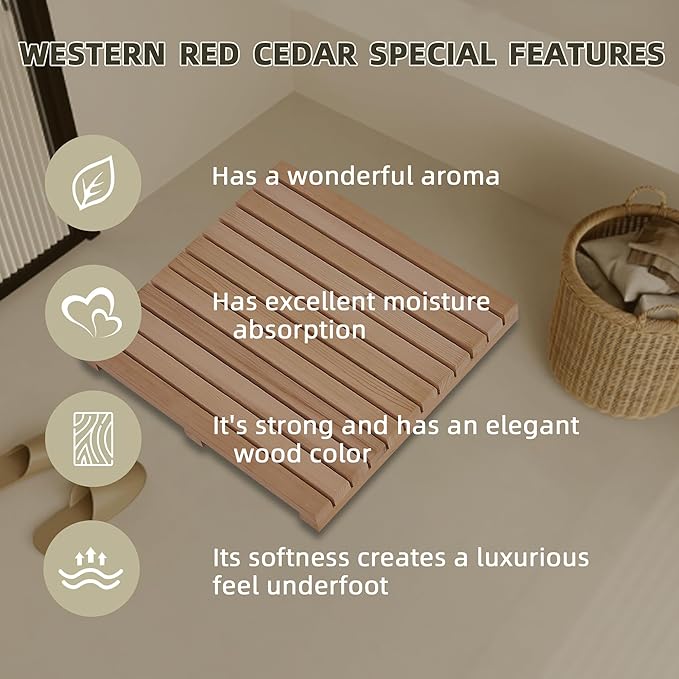 bingaai Cedar Wood Shower Mat 24" × 24", Cedar Wood Bath Mat Square, Wooden Shower Stall Mat Non-Slip for Bathroom Bathtub Spa Sauna Garden Home, Wooden Floor Mat Large for Indoor and Outdoor